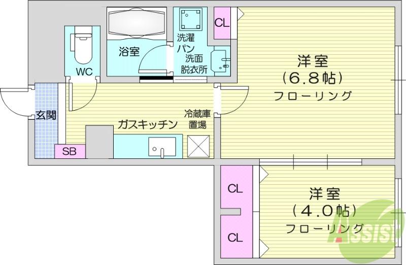 グランツァイト八幡(2K/2階)の間取り写真