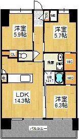 ウィングス八幡駅前(3LDK/5階)の間取り写真