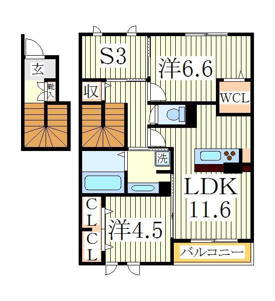 カーネリアン(2SLDK/2階)の間取り写真