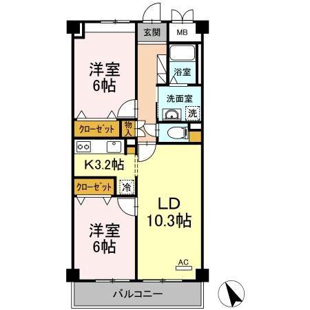 グリーンアベニュー(2LDK/4階)の間取り写真