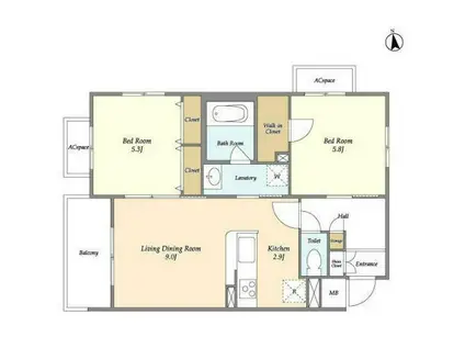 ユニコーンバリー等々力(2LDK/2階)の間取り写真