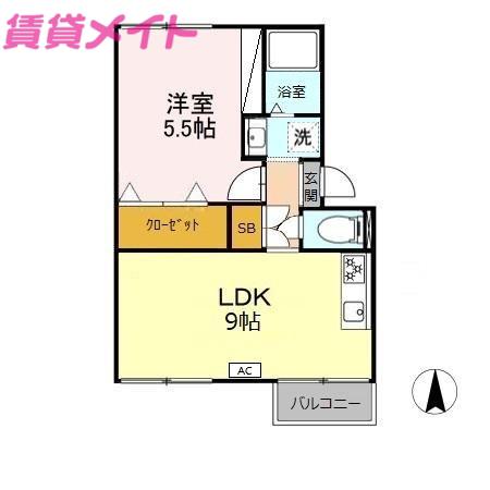 プレジール三宅C棟(1LDK/2階)の間取り写真