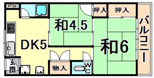 ヴィラ東伊丹(2DK/1階)の間取り写真