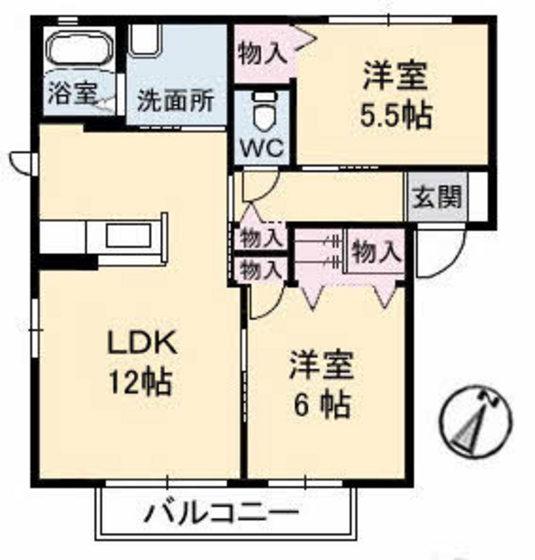 ジュネス八木B棟(2LDK/2階)の間取り写真