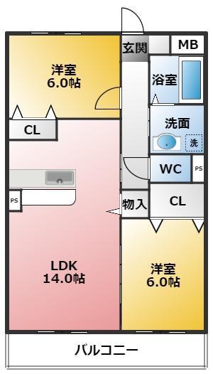 アンソレイエII(2LDK/3階)の間取り写真