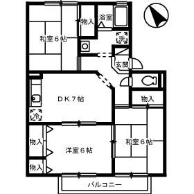 ゼフィールB棟(3DK/2階)の間取り写真