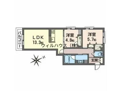 GRANDIR ウエスト(2LDK/2階)の間取り写真