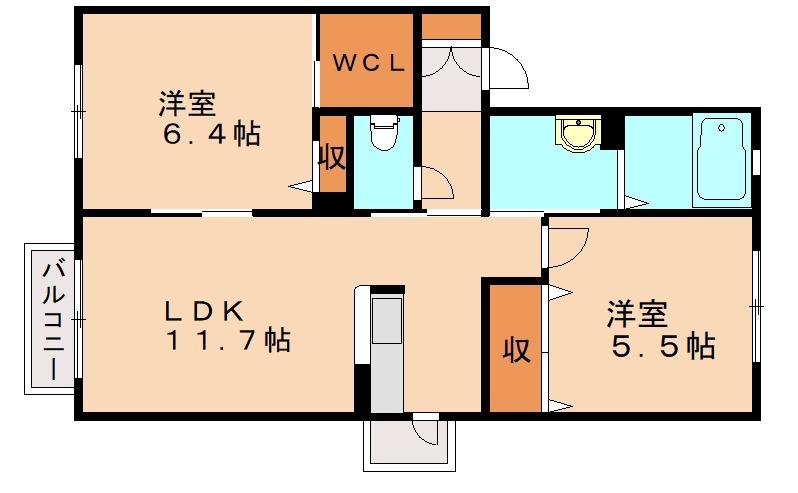 シャーメゾン吉田 B棟(2LDK/1階)の間取り写真