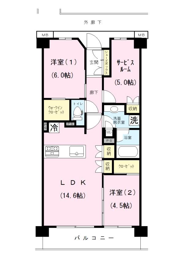 オーベルグランディオ川崎久地ヒルズ(2SLDK/2階)の間取り写真