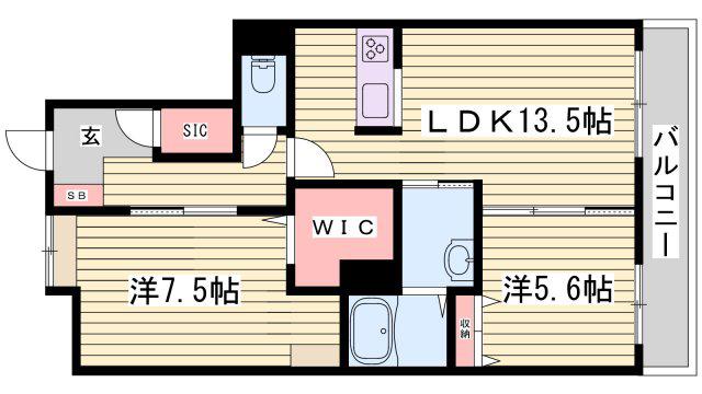 オカバ姫路岡町シャーメゾン B(2LDK/3階)の間取り写真