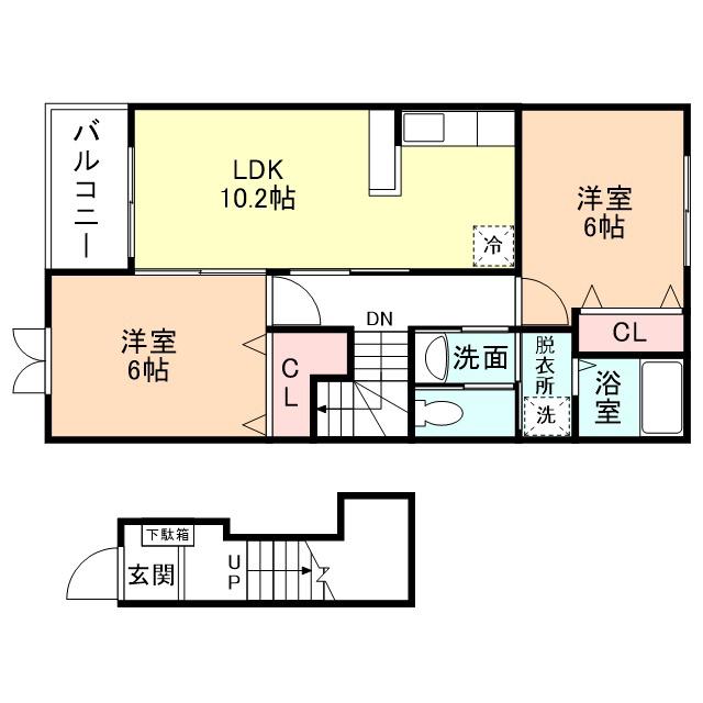 FIFTY-FIFTYB棟(2LDK/2階)の間取り写真