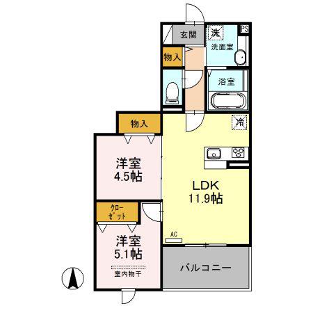 ヌヌース南鳩ヶ谷(2LDK/1階)の間取り写真