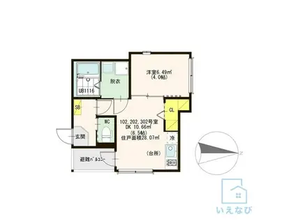 ハーモニーテラス上住吉(1DK/2階)の間取り写真