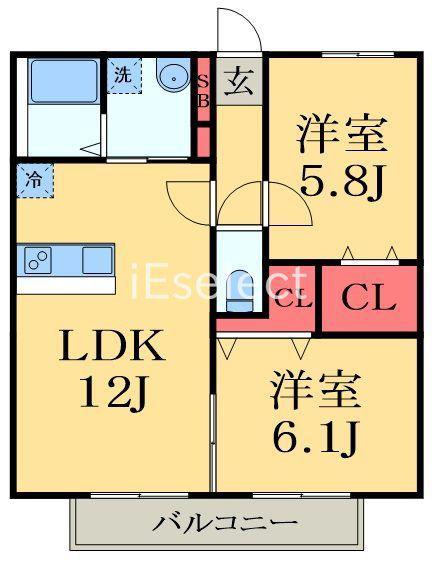 クラースB棟(2LDK/1階)の間取り写真
