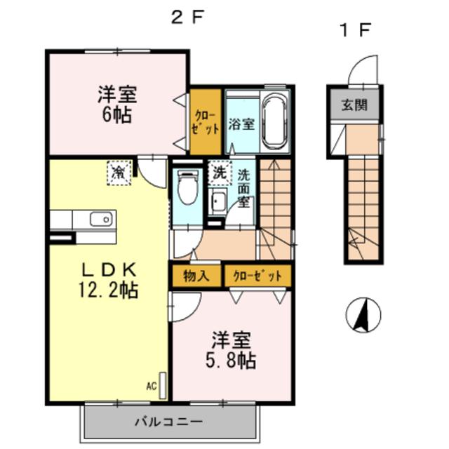 ザ・パーシモン B棟(2LDK/2階)の間取り写真