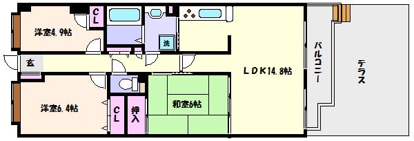 ヴィルヌーブ本山中町(3LDK/1階)の間取り写真