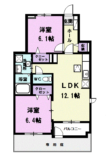 ジェルメII(2LDK/1階)の間取り写真