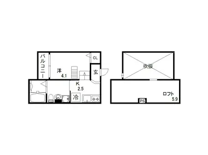シャイニー西舞子(1SK/2階)の間取り写真