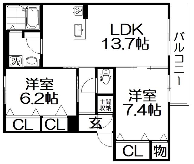 プロヌーブ楠葉朝日(2LDK/2階)の間取り写真