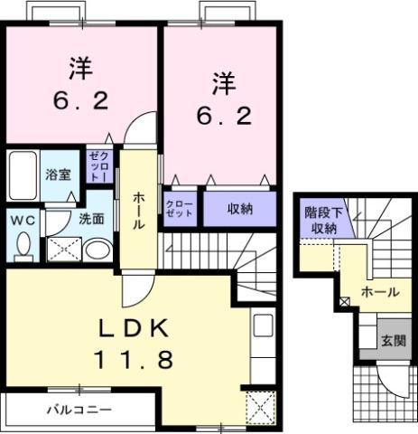 ブルースカイA(2LDK/2階)の間取り写真