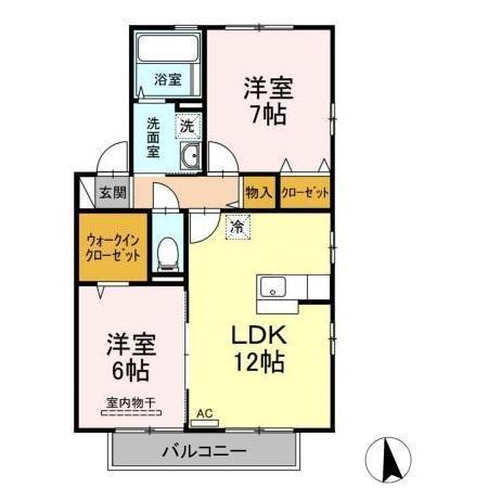フォルテシモ木太B棟(2LDK/2階)の間取り写真