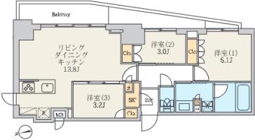クレストコート北千住レジデンス(3LDK/2階)の間取り写真