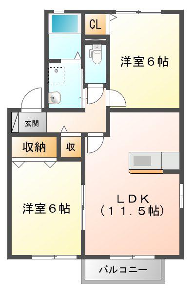 CASA WAKAMATSU B棟(2LDK/2階)の間取り写真