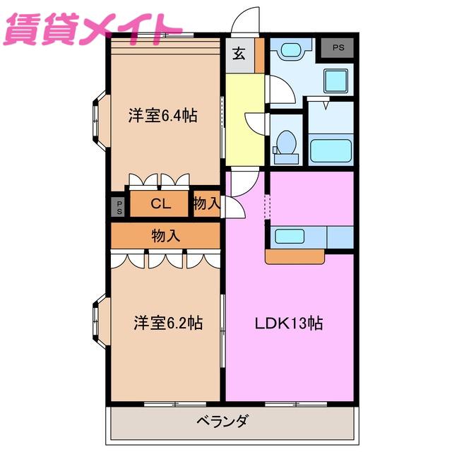 エルピスハイムB棟(2LDK/2階)の間取り写真