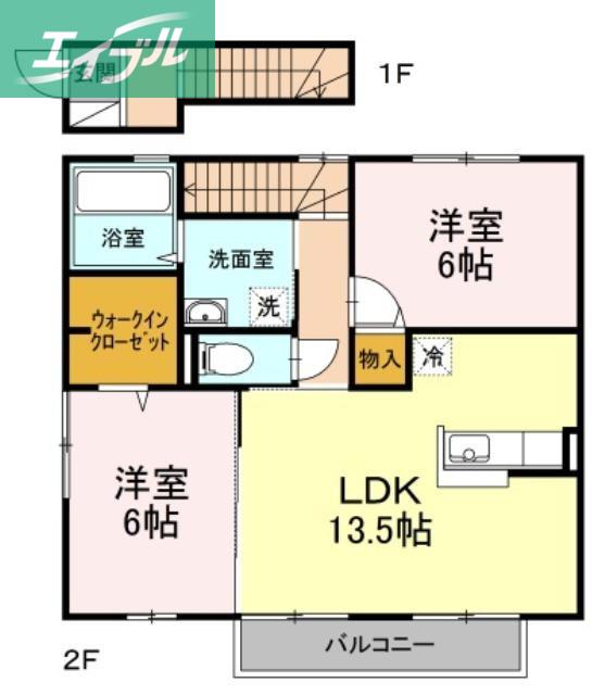 ポルトボヌール A棟(2LDK/2階)の間取り写真