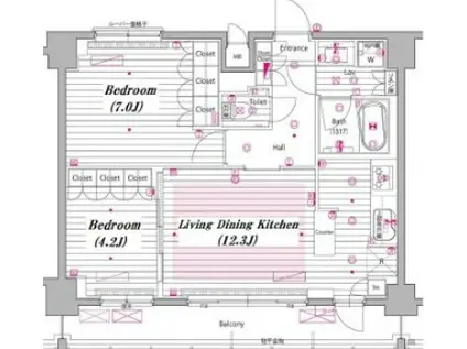 グランドガーラ白金高輪(2LDK/12階)の間取り写真