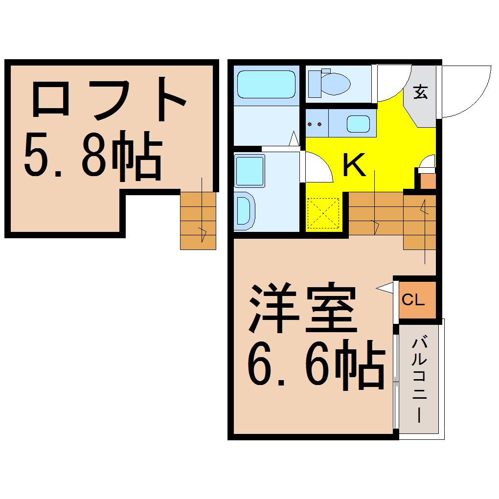 ハーモニーテラス中江(1SK/2階)の間取り写真