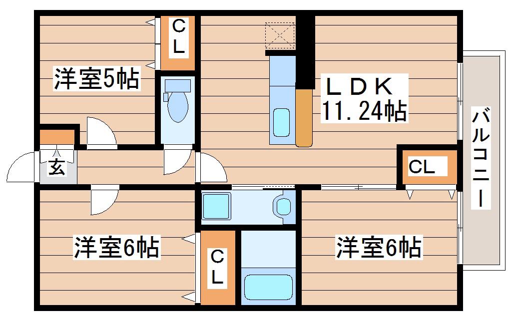 WISH栗生壱番館(3LDK/1階)の間取り写真