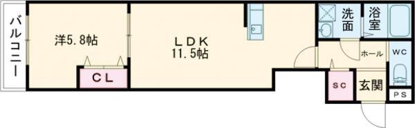 ジーメゾン大和郡山小泉(1LDK/1階)の間取り写真