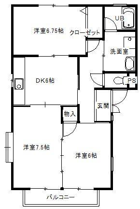 かしの木ハイツB棟(3DK/2階)の間取り写真