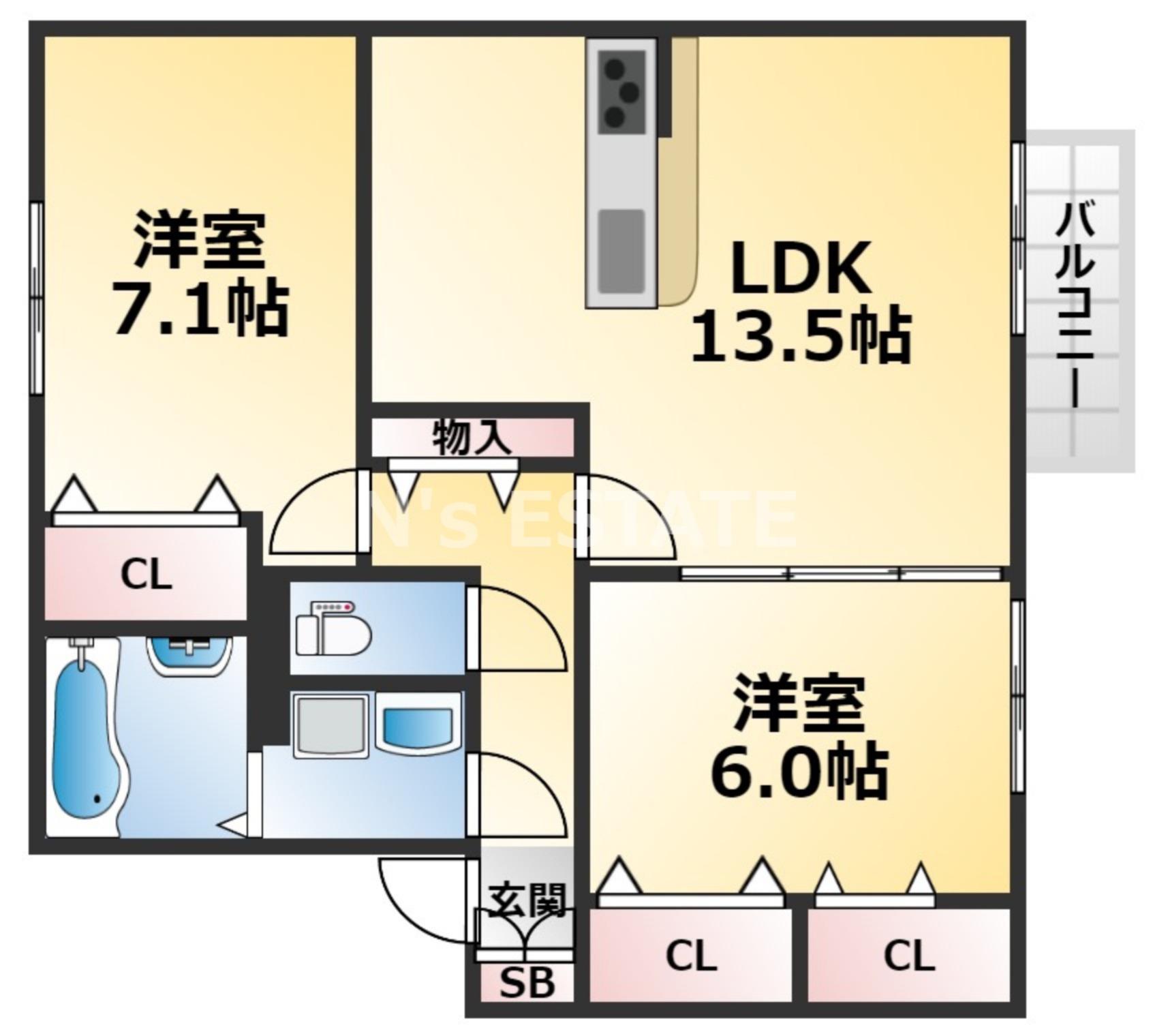 ディアコート神戸II(2LDK/2階)の間取り写真
