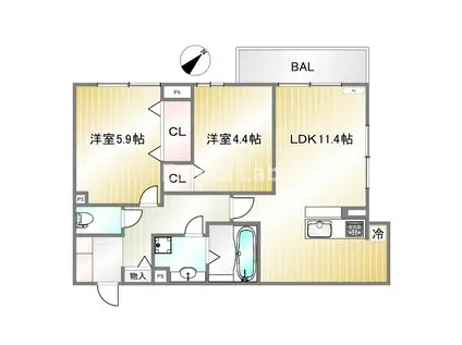 高倉山フラッツ(2LDK/1階)の間取り写真