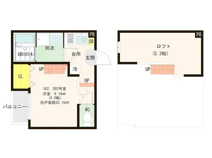 ハーモニーテラス塩原IV(1K/2階)の間取り写真