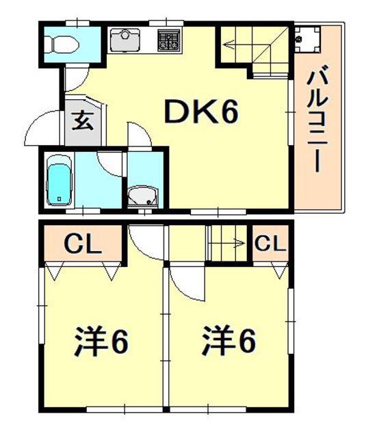 サンハウス B棟(2DK/1階)の間取り写真