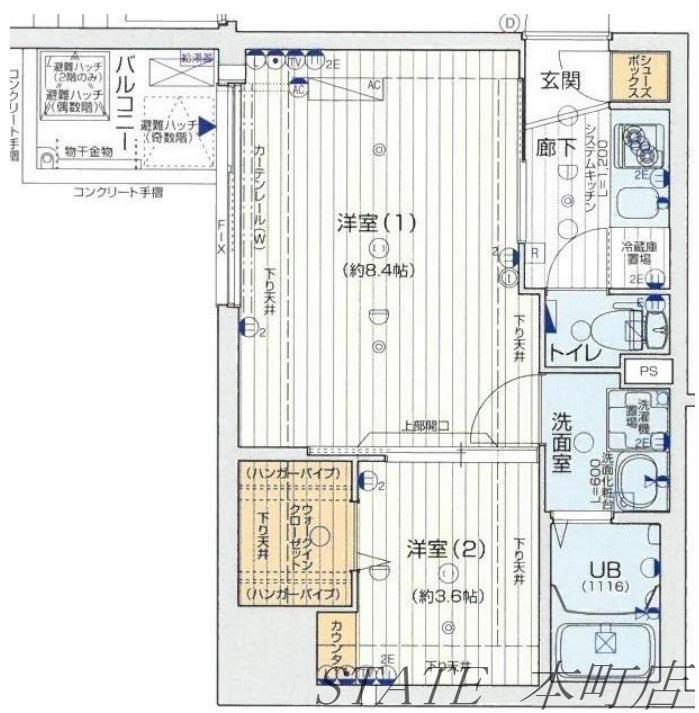 プレミアムコート谷町4丁目(2K/2階)の間取り写真