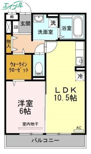 ミアカーサA棟(1LDK/2階)の間取り写真