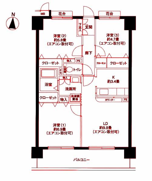エヴァーグリーン新羽(3LDK/8階)の間取り写真