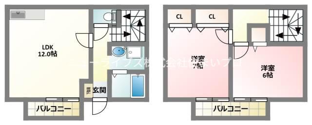 コスモコート西(2LDK/2階)の間取り写真
