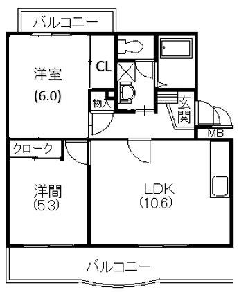 メディオ初生弐番館(2LDK/1階)の間取り写真