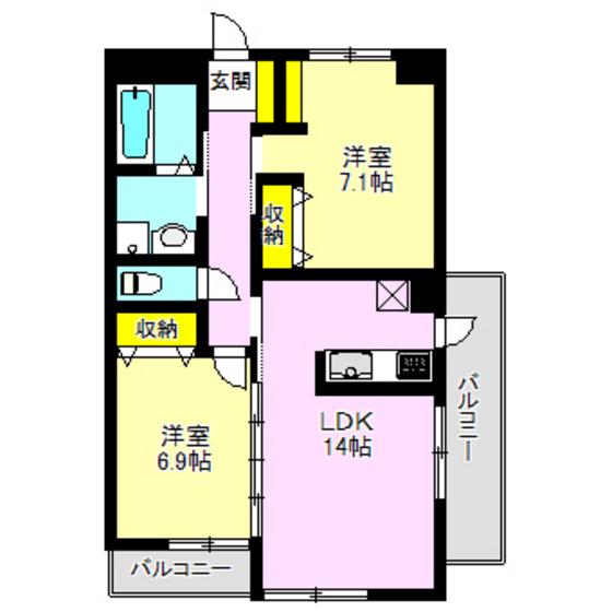 プレミアムツイン高崎壱番館(2LDK/3階)の間取り写真