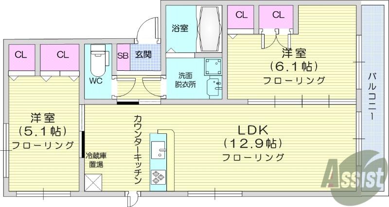 クレージュ大和町(2LDK/1階)の間取り写真