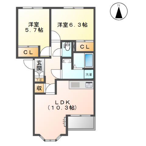 カーザ 浅野(2LDK/2階)の間取り写真