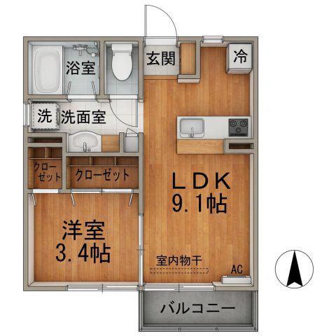 アルコバレーノ蛇田(1LDK/1階)の間取り写真