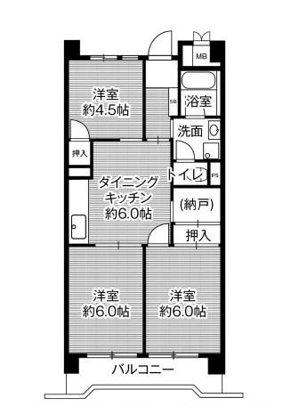 ビレッジハウス港島タワー(3DK/6階)の間取り写真