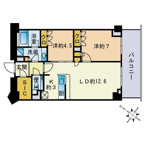 ザ・パークハウス福岡タワーズウエスト(2LDK/12階)の間取り写真