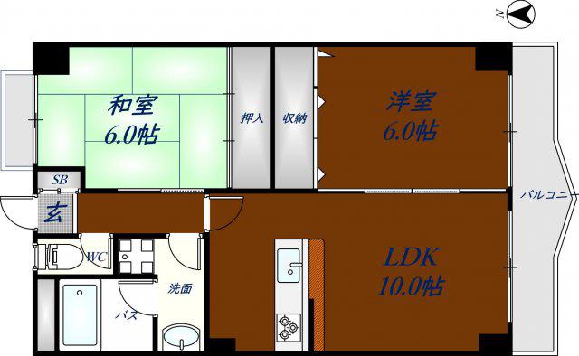 ツカサロイヤルハイツ瓢箪山(2LDK/5階)の間取り写真